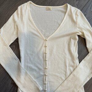 Cream Ribbed Top with Pearl Buttons